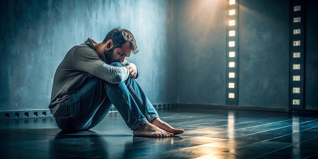 Foto el concepto de salud mental del tept, el trastorno de estrés postraumático, el hombre deprimido sentado solo en el suelo en el fondo de la habitación oscura.