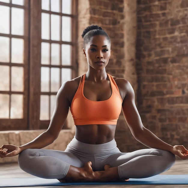 Concepto saludable y de fitness hermosa dama afroamericana en ropa de fitness haciendo yoga y med