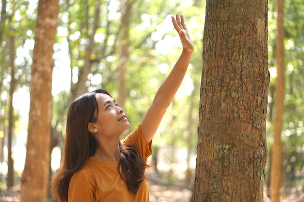 Concepto de salvar al mundo Mujer asiática tocando un árbol