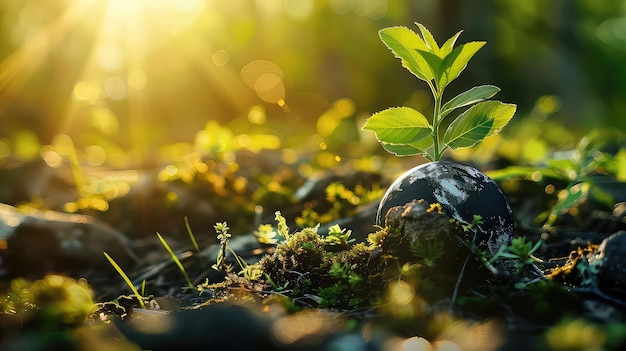 Concepto salvar el mundo salvar el medio ambiente El mundo está en la hierba del fondo verde bokeh