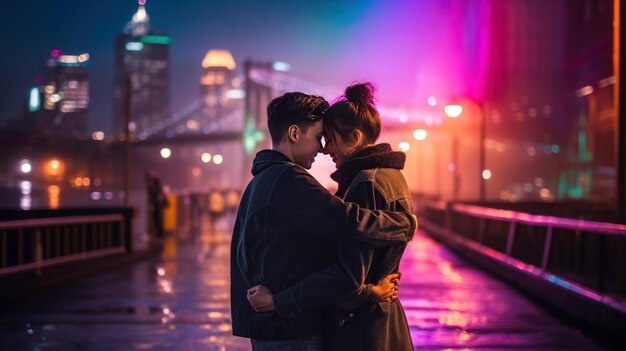 Concepto de San Valentín Pareja de dos mujeres abrazándose en la calle sonriendo con mucho amor