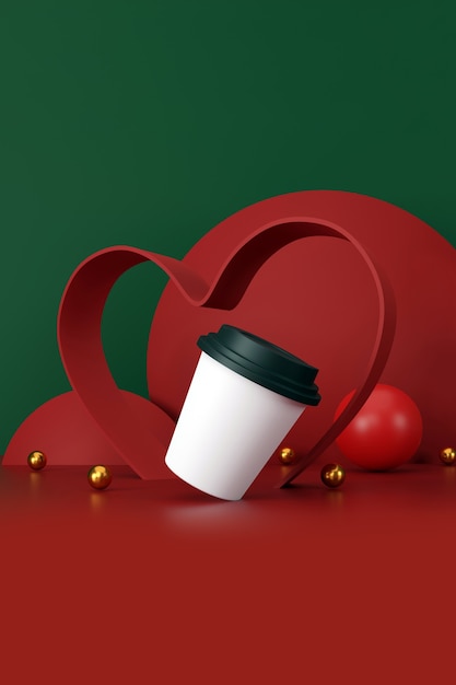 Concepto de San Valentín. taza de café blanca sobre fondo verde y rojo. Ilustración 3D