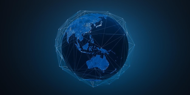 El concepto de satélites artificiales vistos desde el espacio que forman una red en la tierra y proporcionan servicios de Internet renderización 3d