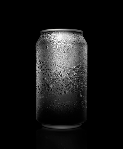 Concepto de sed y saciar la sed lata de metal con cola o cerveza Gotas de condensación en la superficie