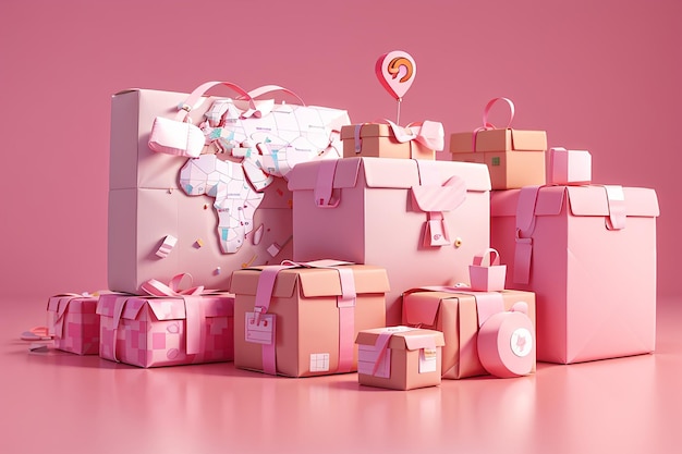 El concepto de seguimiento de paquetes a través de Internet Cajas de papel de paquetes con icono de pin del mapa en fondo rosa