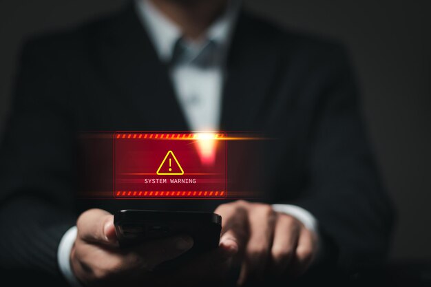 Foto concepto de seguridad cibernética empresario que utiliza un teléfono inteligente con alerta del sistema seguridad en la red datos en línea protección contra virus de internet seguridad cibernética y cibercrimen