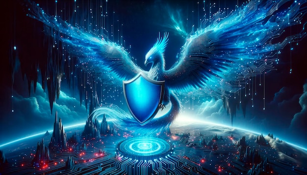 Concepto de seguridad cibernética con un escudo y un pájaro azul en un fondo abstracto IA generativa