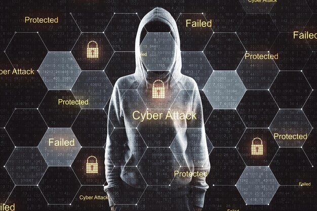 Concepto de seguridad cibernética sin hacker facial y pantalla digital con símbolos de seguridad e íconos de bloqueoExposición doble
