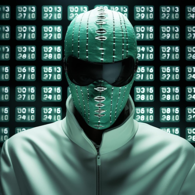 Concepto de seguridad cibernética con hacker en la máscara y código de seguridad cybernética de fondo