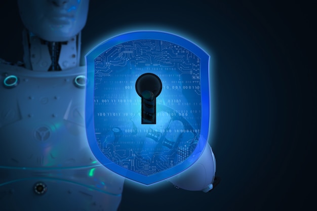 Concepto de seguridad cibernética con protección de escudo con robot.