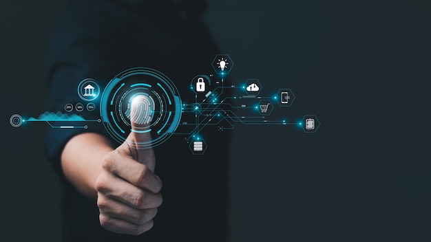 Concepto de seguridad cibernética tecnología digital personas de negocios usan huellas dactilares para acceder a la ciberseguridad personal manteniendo la información personal de los usuarios segura acceso a Internet seguro