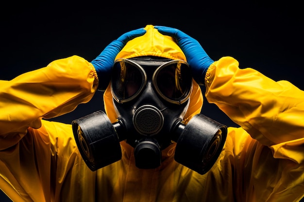 El concepto de seguridad contra infecciones virales Un hombre con traje protector y máscara antigás