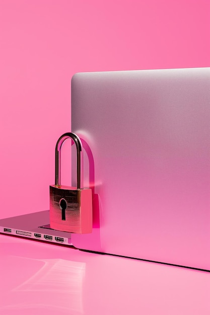 Concepto de seguridad digital con candado rosado y portátil