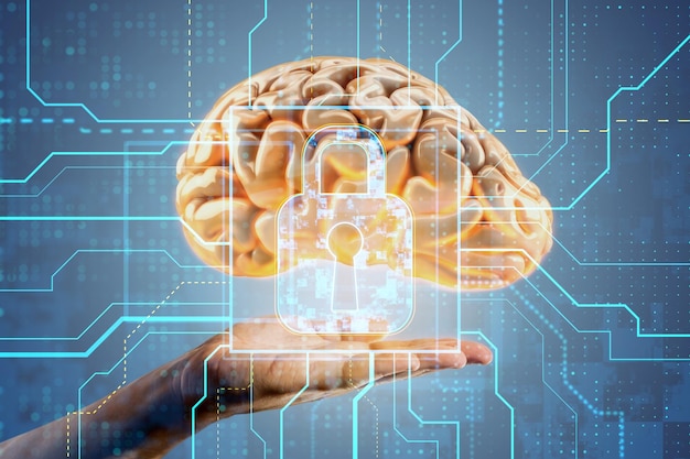 Concepto de seguridad digital con cerebro y candado IA generativa