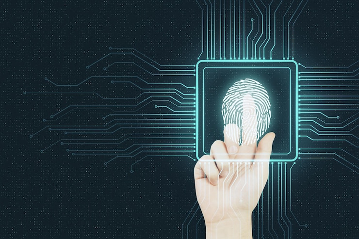 Foto concepto de seguridad digital con el dedo humano empujando la huella digital en el microchip en un fondo abstracto