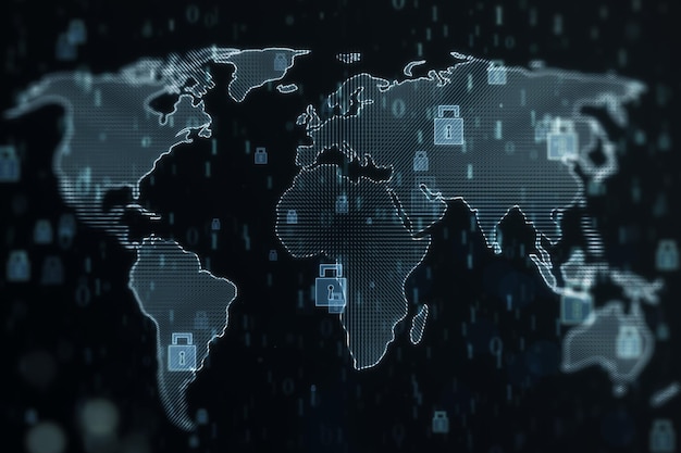 Concepto de seguridad global y protección de red con candados digitales cerrados en el contorno del mapa mundial en representación 3D de fondo oscuro