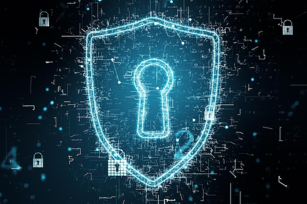Concepto de seguridad global con signo de cerradura digital hecho de pequeños elementos brillantes en renderizado 3D de fondo oscuro