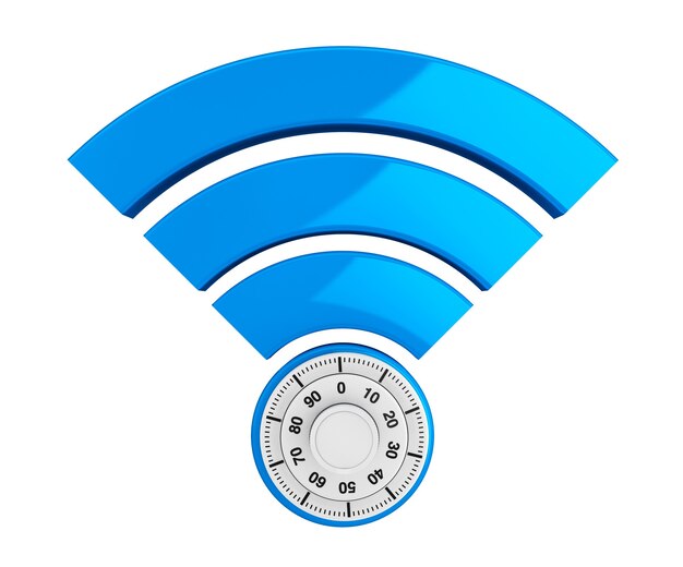 Concepto de seguridad de internet WiFi. Símbolo 3d wifi con candado sobre un fondo blanco.