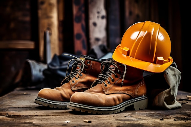 Foto el concepto de seguridad laboral casco y botas amarillos de trabajo generación de ia del día del trabajo