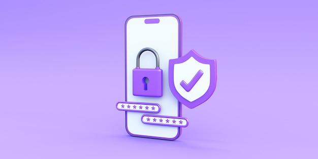 concepto de seguridad en línea con render 3d de teléfono inteligente púrpura y contraseña