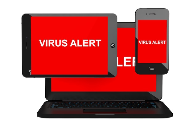 Concepto de seguridad móvil. Teléfono móvil infectado con virus, Tablet PC y portátil sobre un fondo blanco.