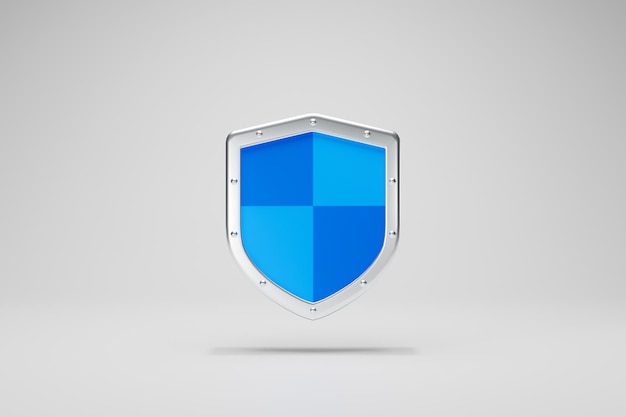 Concepto de seguridad de renderizado 3D. Icono de escudo de protección de acero frente de color azul plateado