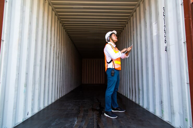 Concepto de seguro marítimo y de transporte. Ingeniero comprobando el interior de la caja de contenedores en el puerto de envío. Concepto de importación y exportación logística empresarial.