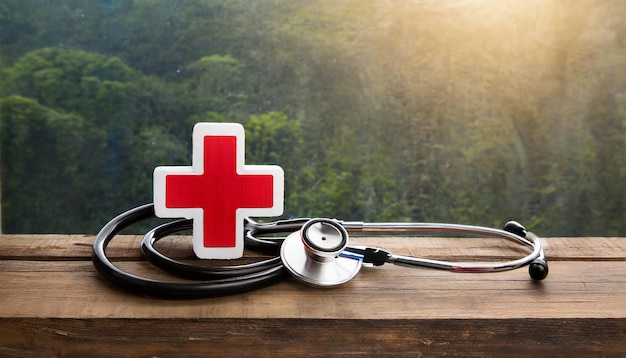 Concepto de seguro de salud más letrero con estetoscopio en mesa de madera