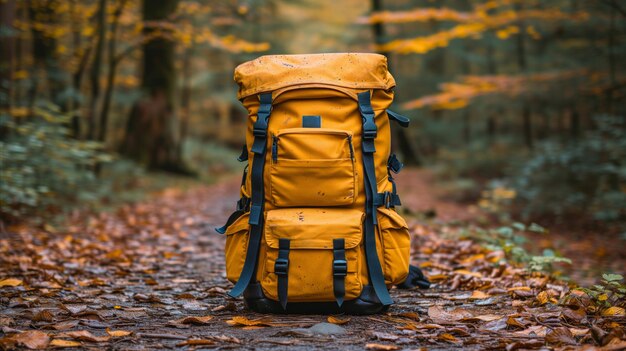 Concepto de senderismo de otoño con mochila naranja en un sendero forestal