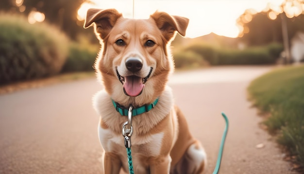 Concepto de sentarse con un perro feliz y activo sosteniendo la correa de la mascota en la boca listo para salir a caminar