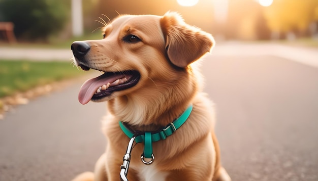 Concepto de sentarse con un perro feliz y activo sosteniendo la correa de la mascota en la boca listo para salir a caminar