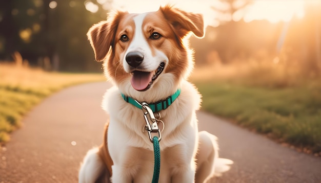 Concepto de sentarse con un perro feliz y activo sosteniendo la correa de la mascota en la boca listo para salir a caminar