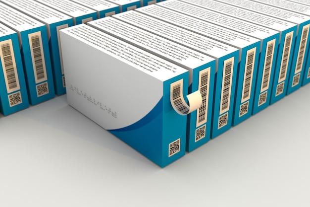 Concepto de serialización farmacéutica con caja de medicamentos y código de barras de etiquetas 3d render