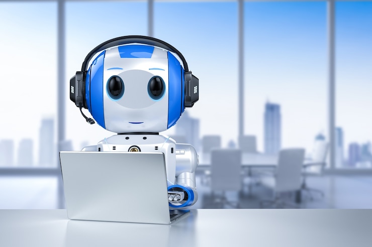 Foto concepto de servicio al cliente de automatización con renderización 3d robot lindo trabajando con auriculares y portátil