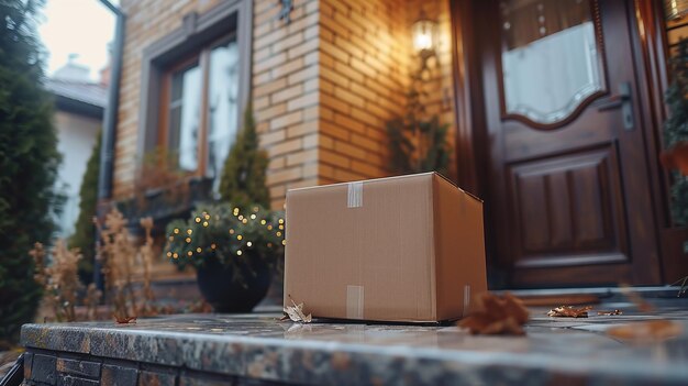 Foto concepto de servicio de entrega de paquetes caja de paquetes de cartón cerca de la puerta principal