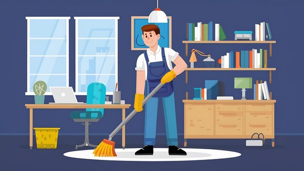 El concepto de servicio de limpieza de hombres limpia las habitaciones y las herramientas de oficina