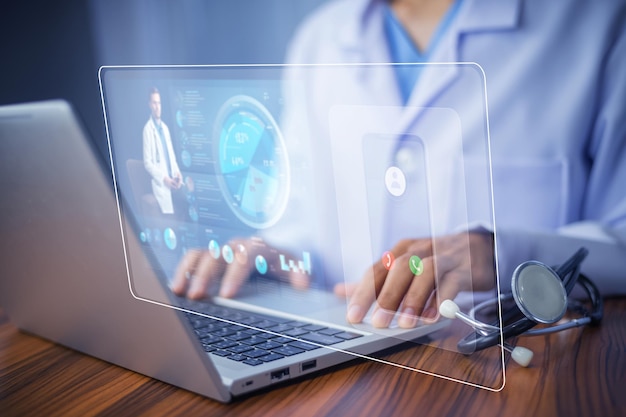 Concepto de servicio médico en línea Médico que utiliza el centro de llamadas de servicio en línea de computadora para servicios médicos soporte de consulta de atención médica Servicio en línea de telemedicina para médicos