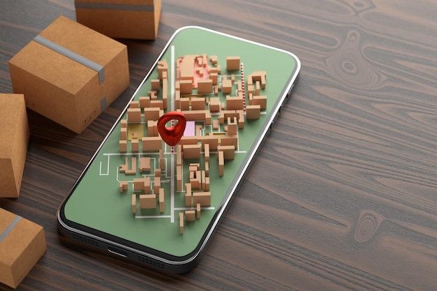 El concepto de servicios de entrega postal Mapa de navegación para la entrega de carga en la pantalla del teléfono inteligente 3d render