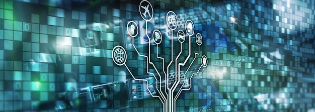 Concepto de servidor inteligente IOT Internet de las cosas TIC Tecnología de la información y la comunicación Diagramas con iconos en fondos digitales de la sala de servidores
