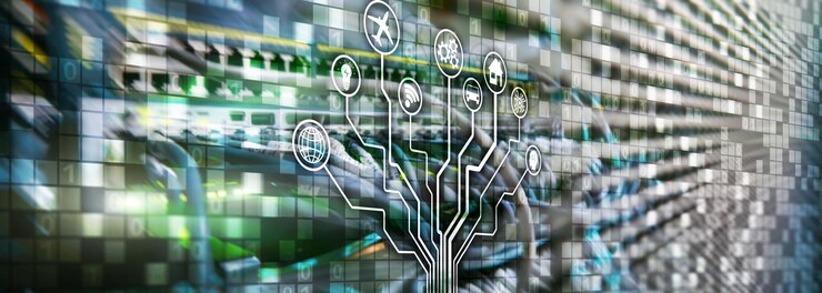 Foto concepto de servidor inteligente iot internet de las cosas tic tecnología de la información y la comunicación diagramas con iconos en fondos digitales de la sala de servidores