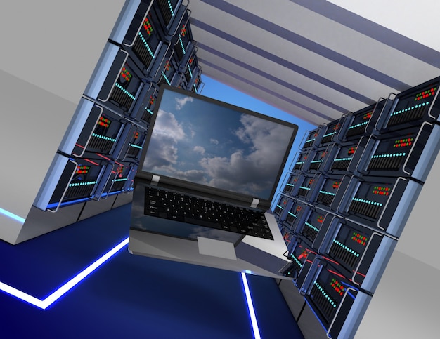 Concepto de servidor y portátil 3D. Ilustración 3d