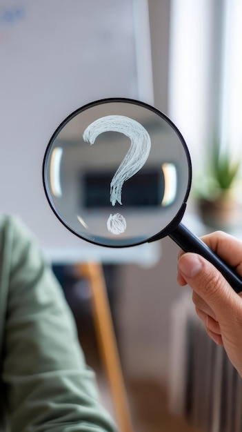 Concepto de signo de interrogación o signo de preguntas frecuentes bajo lupa