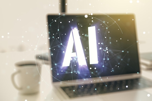 Concepto de símbolo de Inteligencia Artificial Creativa con una computadora portátil moderna en el fondo Multiexposición