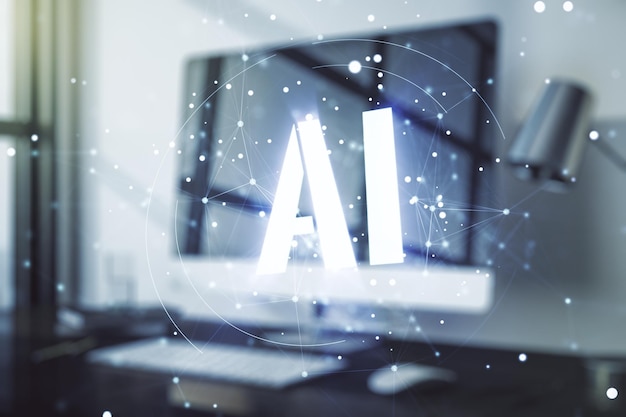 Foto concepto de símbolo de inteligencia artificial creativa con una computadora portátil moderna en el fondo multiexposición