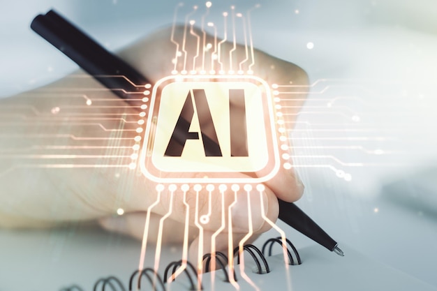 Concepto de símbolo de Inteligencia Artificial Creativa con mano humana escribiendo en el cuaderno en el fondo Multiexposición