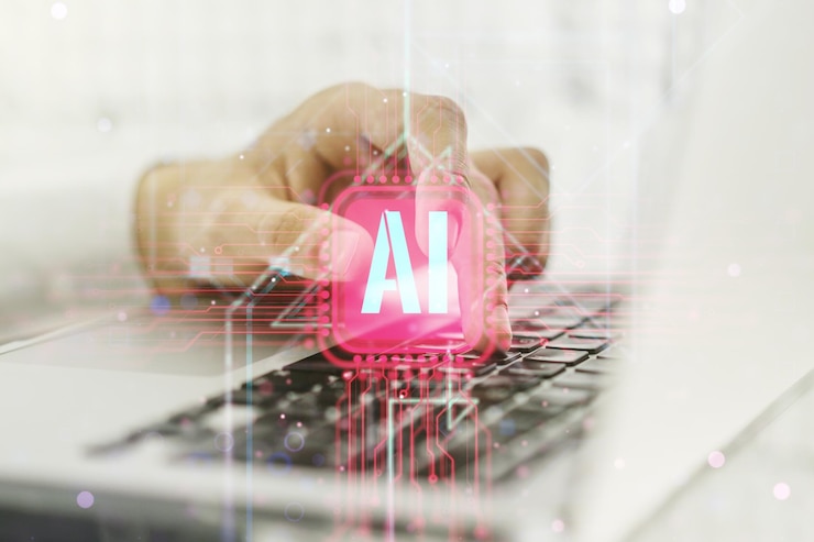 Foto concepto de símbolo de inteligencia artificial creativa con manos escribiendo en el teclado de la computadora en el fondo exposición doble
