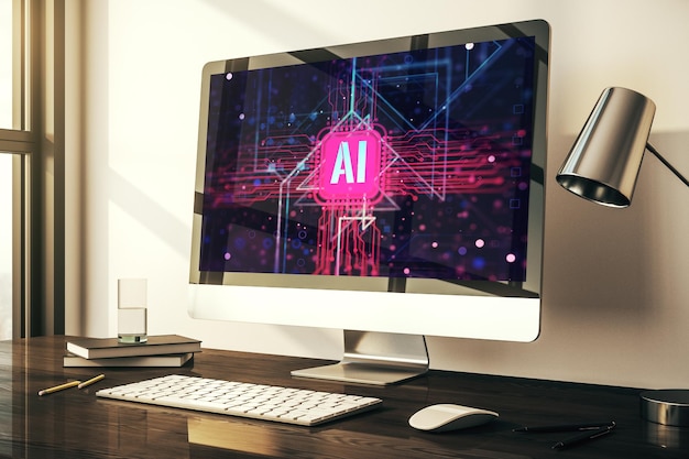 El concepto de símbolo de inteligencia artificial creativa en el monitor de computadora moderno Renderización 3D