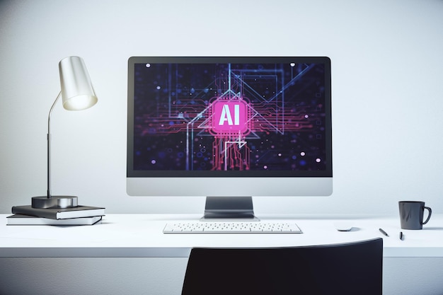 El concepto de símbolo de inteligencia artificial creativa en el monitor de computadora moderno Renderización 3D