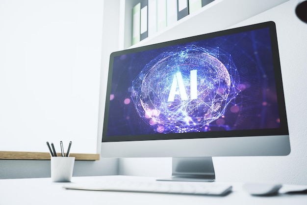El concepto de símbolo de inteligencia artificial creativa en el monitor de computadora moderno Renderización 3D