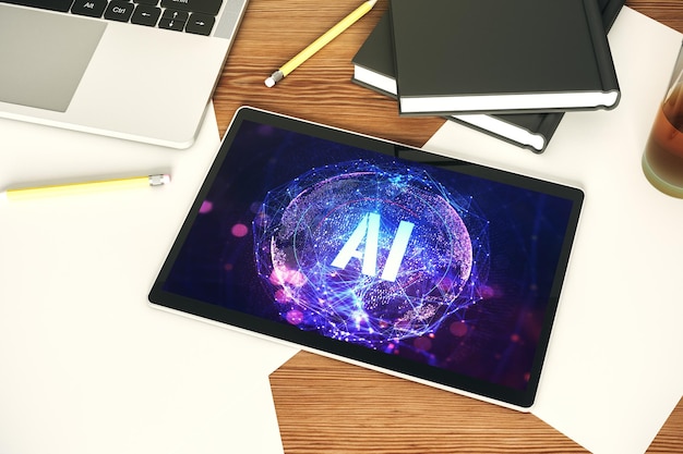 Concepto de símbolo de inteligencia artificial creativa en la pantalla de la tableta digital moderna Vista superior Renderización en 3D